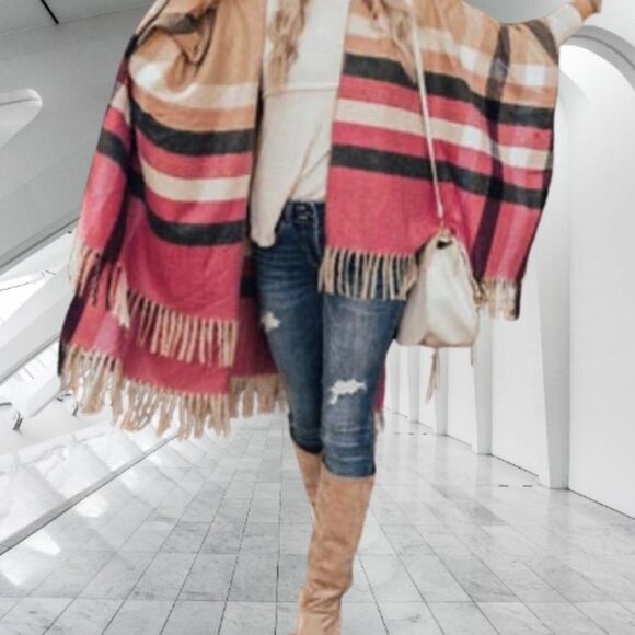Woolrich Lagenlook Oversized Open Front Fringed Plaid Blanket Wrap Shawl Poncho - Picture 3 of 12